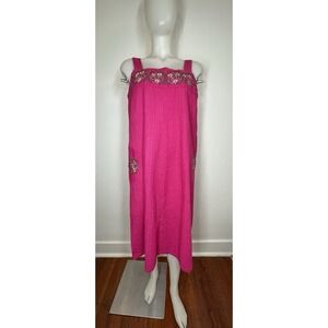 VTG Mexican Pin Tucked Midi Dress Pink Embroidered Cotton Summer Women's S/M
